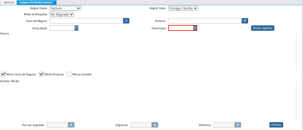 Campo Fecha Hasta de la Ventana Asignar OC Recepción Factura