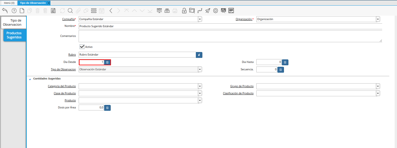 campo día desde de la pestaña productos sugeridos de la ventana tipo de observación