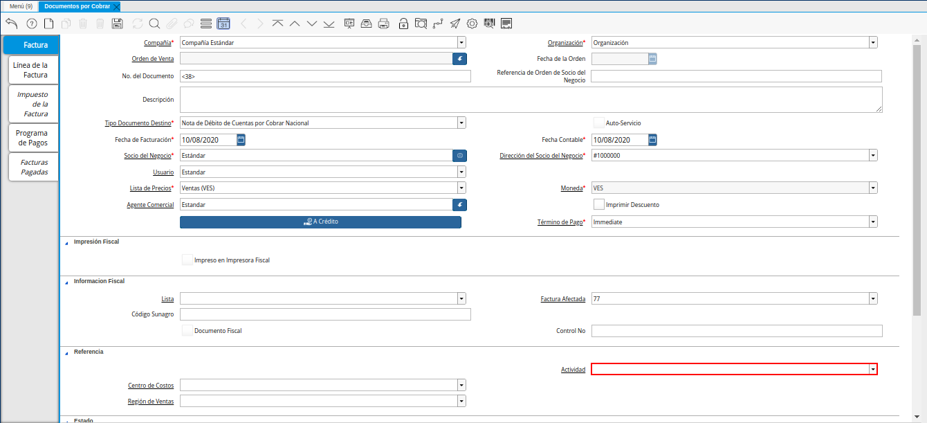 Campo Actividad de la Nota de Débito de CxC