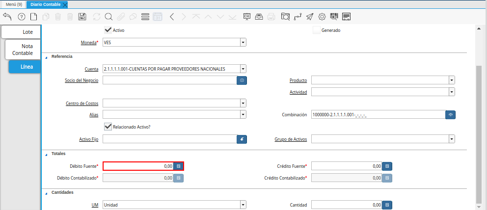 Campo Débito Fuente de la Pestaña Línea de la Ventana Diario Contable