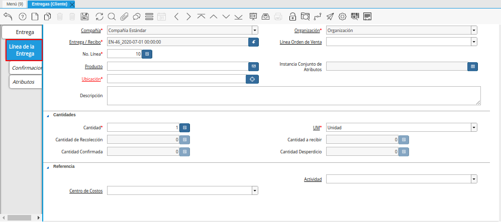 Pestaña Línea de la Entrega de la Ventana Entregas Cliente