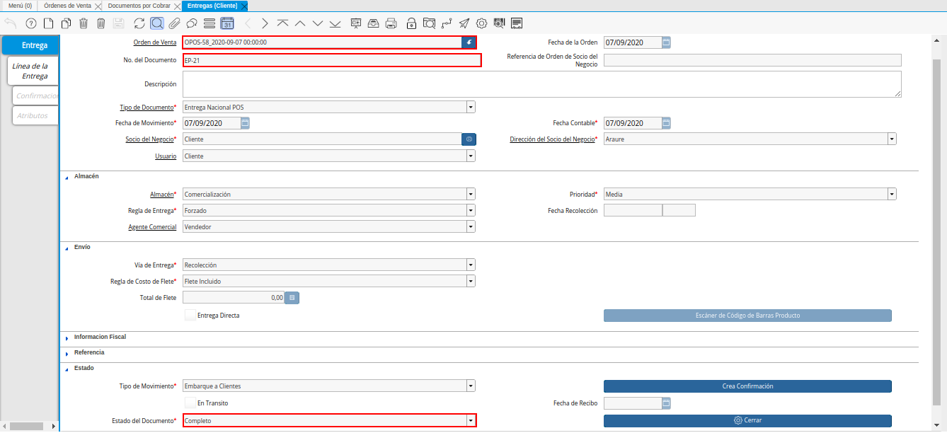 consulta de entrega generada
