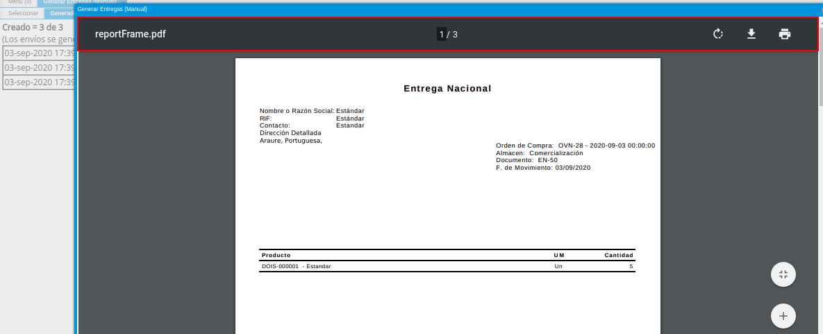 reporte de entregas para imprimir