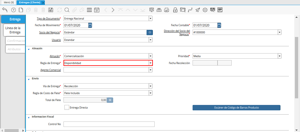 Campo Regla de Entrega de la Ventana Entregas Cliente