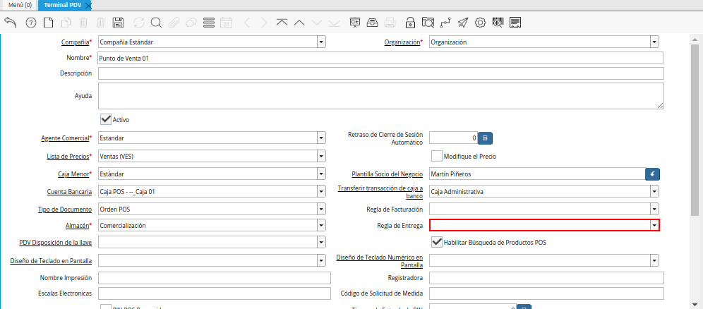 Campo Regla de Entrega de la Ventana Terminal PDV
