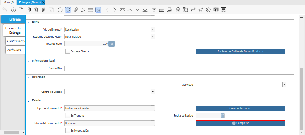 Pestaña Entrega de la Ventana Entregas Cliente y Opción Completar