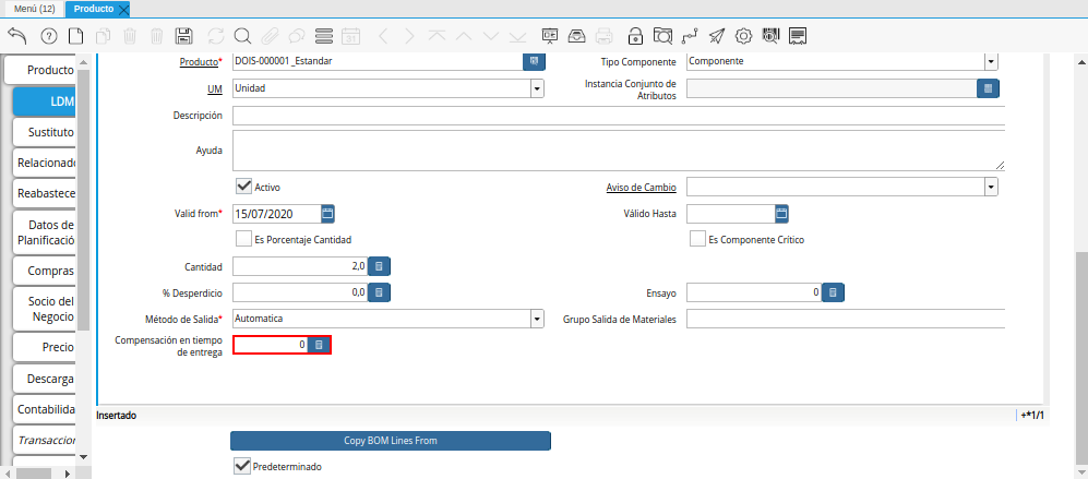 Campo Compensación en Tiempo de Entrega de la Pestaña ldm del Producto Estándar para Producción