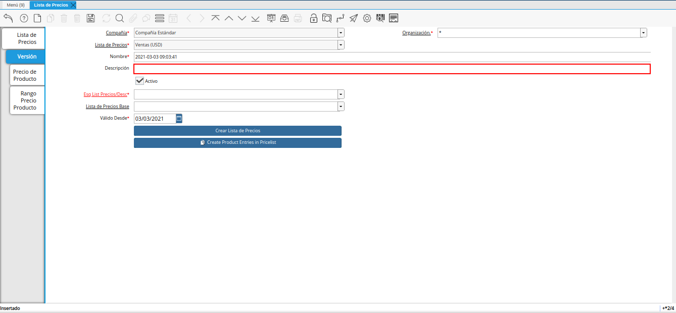 campo descripción para lista de precios base