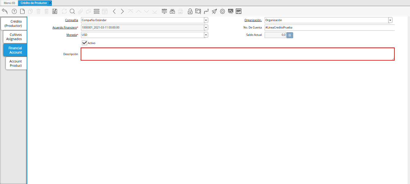 campo descripción de la pestaña cuenta financiera de la ventana crédito del productor