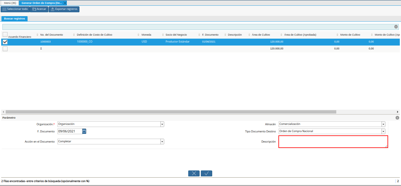 campo descripción del generar orden de compra desde financiamiento agrícola