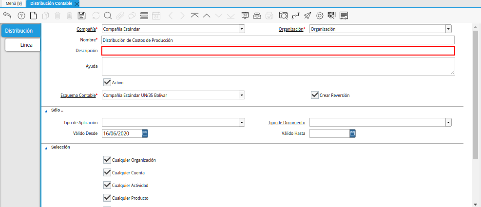 Campo Descripción de la Ventana Distribución Contable