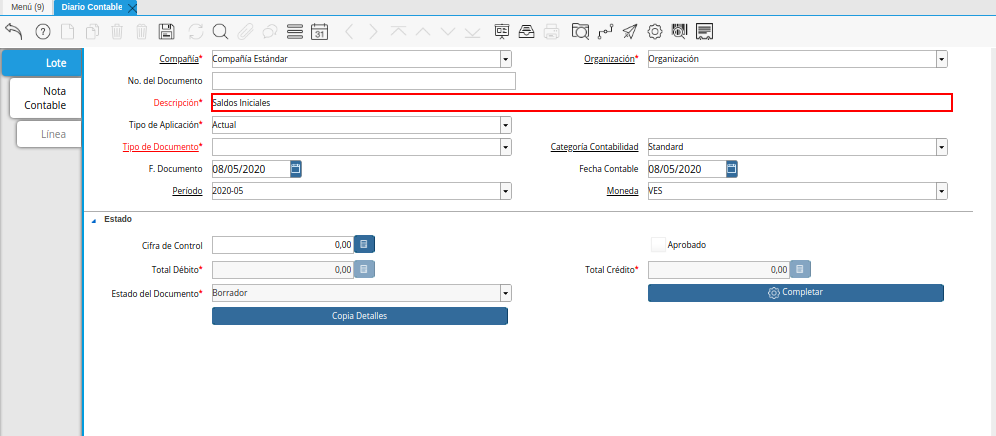 Campo Descripción de la Pestaña Lote Contable de la Ventana Diario Contable