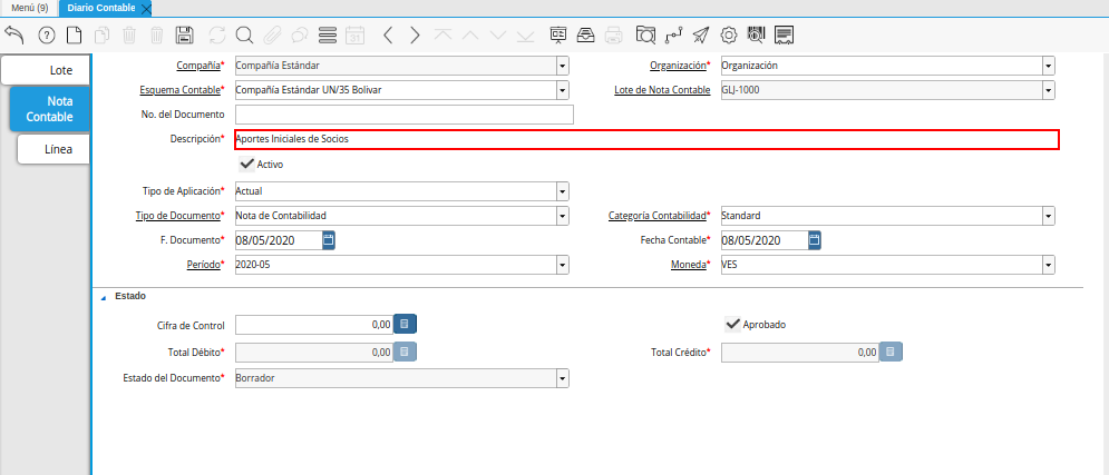 Campo Descripción de la Pestaña Nota Contable de la Ventana Diario Contable