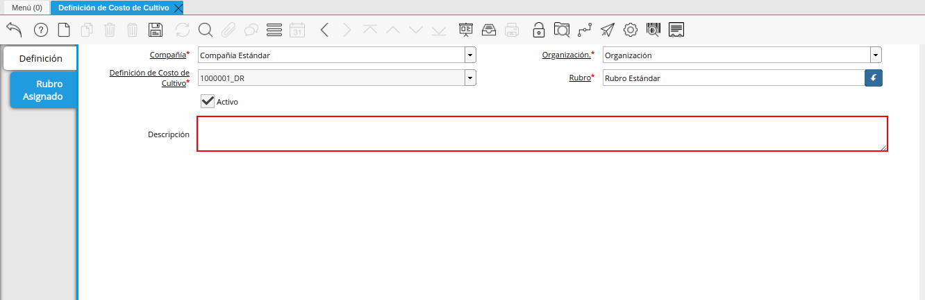 campo descripción de la pestaña rubro asignado de la ventana definición de costo de cultivo