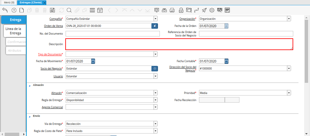 Campo Descripción de la Ventana Entregas Cliente