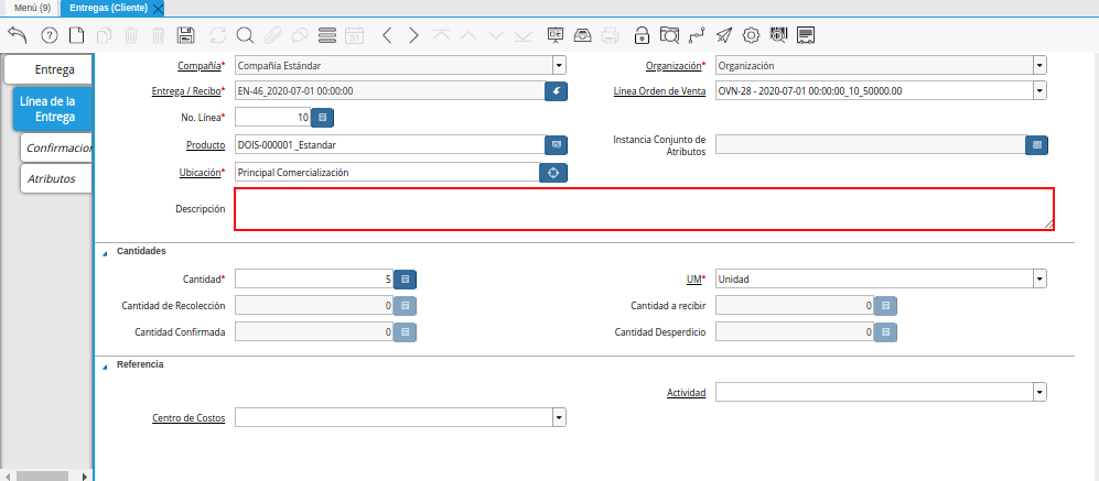 Campo Descripción de la Pestaña Línea de la Entrega de la Ventana Entregas Cliente