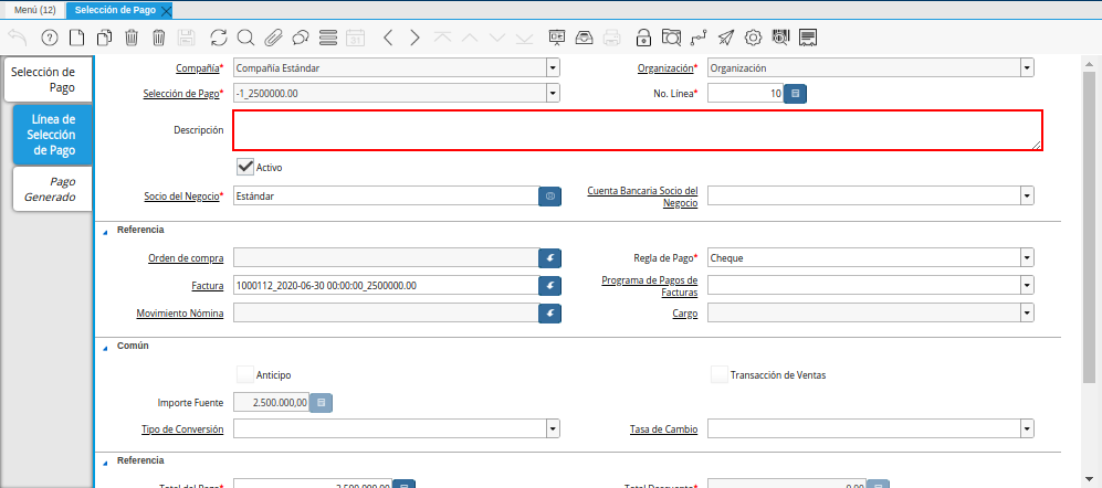 Campo Descripción de la Línea del Documento Orden de Pago desde Factura