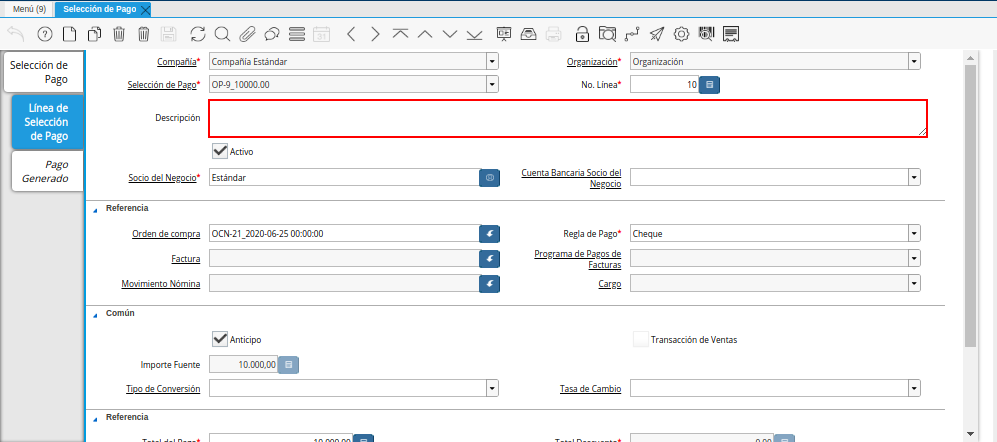 Campo Descripción de la línea del Documento Orden de Pago desde Orden