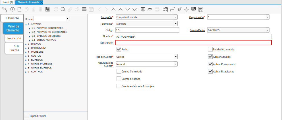 Campo Descripción de la Pestaña Valor de Elemento de la Ventana Elemento Contable