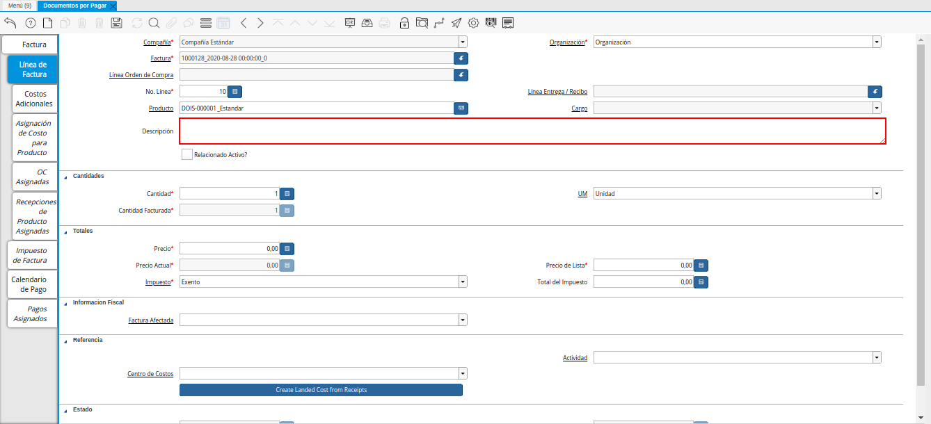 Campo Descripción de la Línea