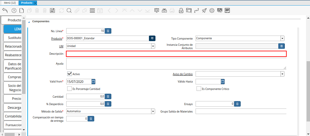 Campo Descripción de la Pestaña ldm del Producto Estándar para Producción