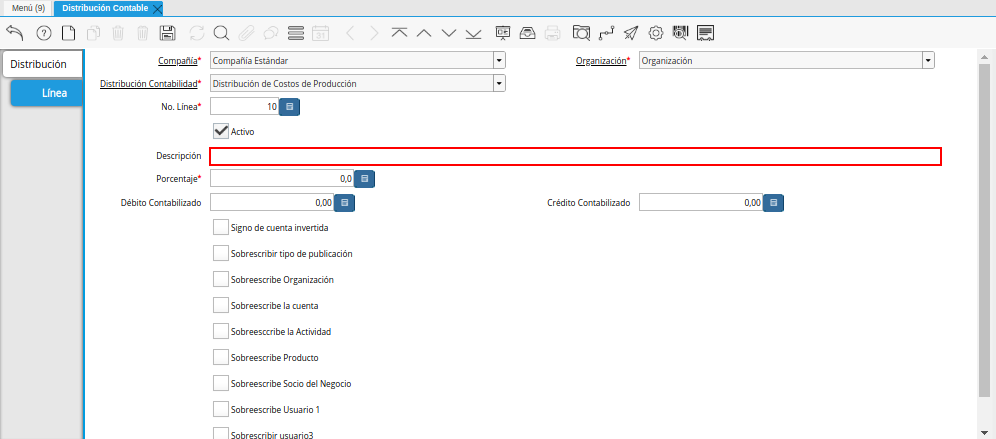 Campo Descripción de la Pestaña Línea de la Ventana Distribución Contable