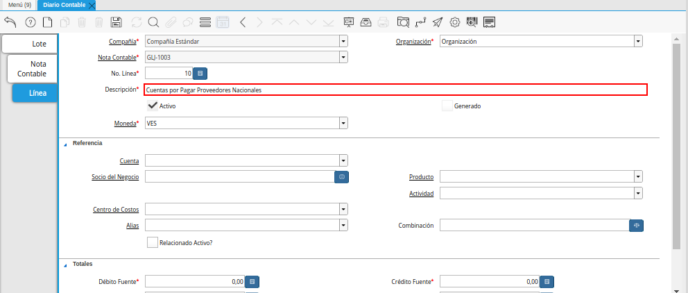 Campo Descripción de la Pestaña Línea de la Ventana Diario Contable