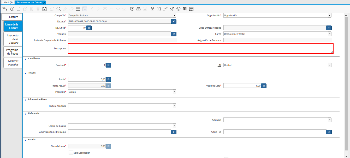 Campo Descripción de la Línea de la Nota de Crédito de CxC