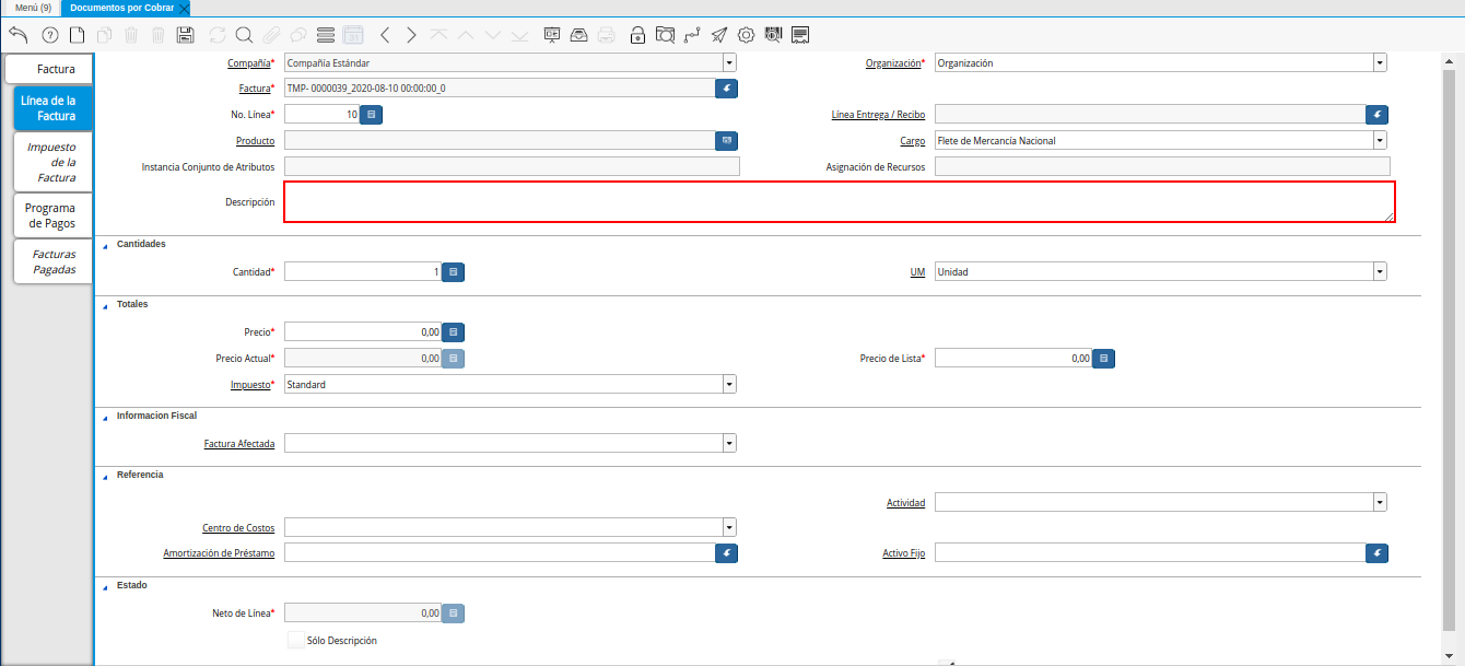 Campo Descripción de la Línea de la Nota de Débito de CxC