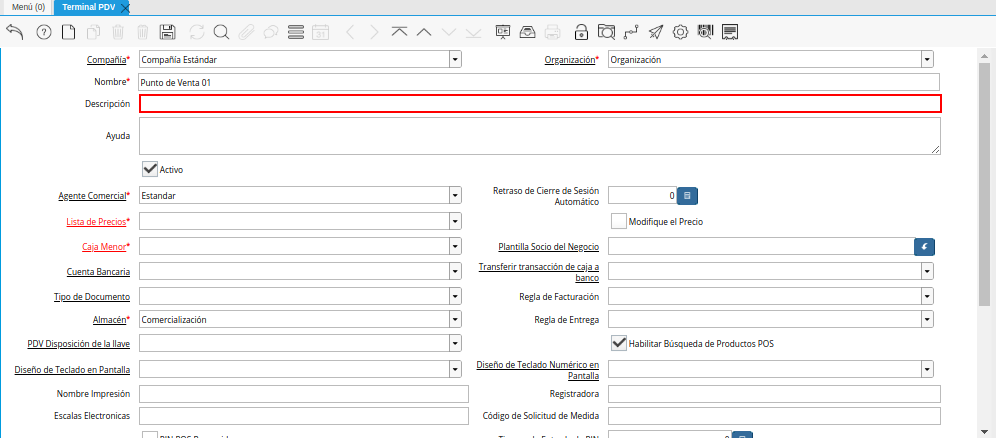 Campo Descripción de la Ventana Terminal PDV