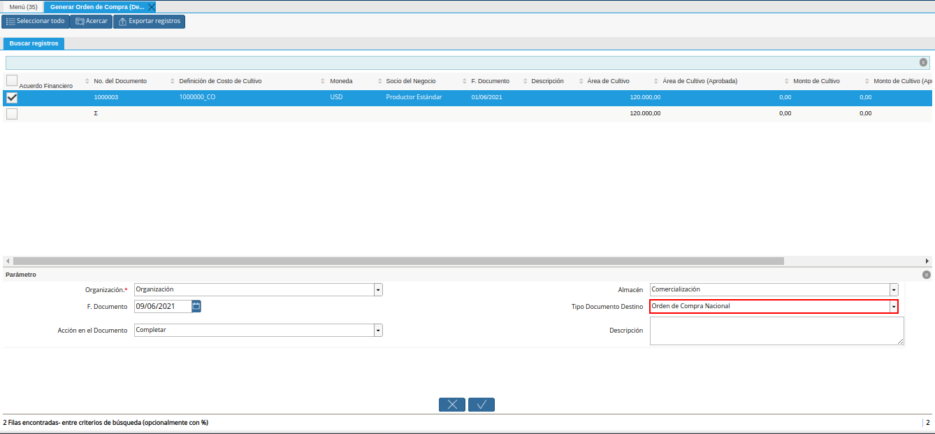 campo tipo de documento destino del generar orden de compra desde financiamiento agrícola