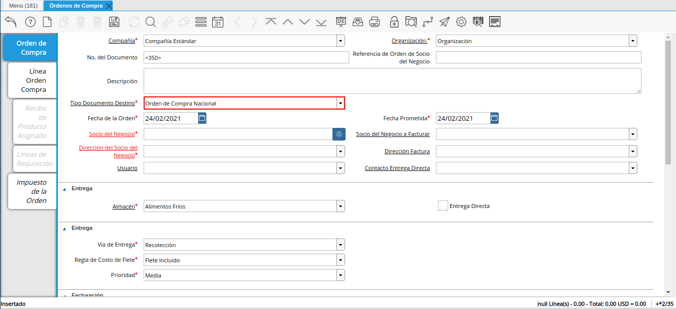 campo tipo de documento destino orden multimoneda