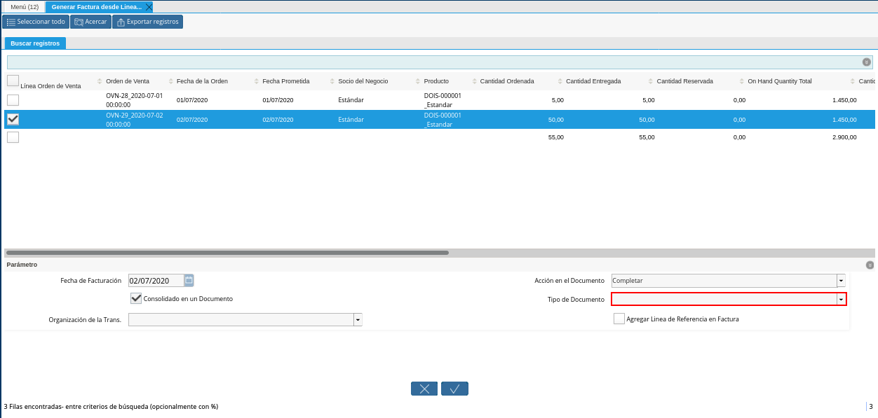 Campo Tipo de Documento Destino de la Ventana Generar Factura desde Líneas de la Orden