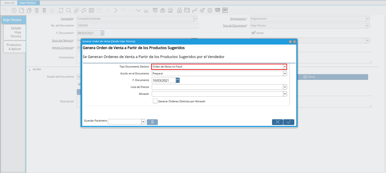 campo tipo de documento destino de la ventana generar orden de venta desde hoja técnica