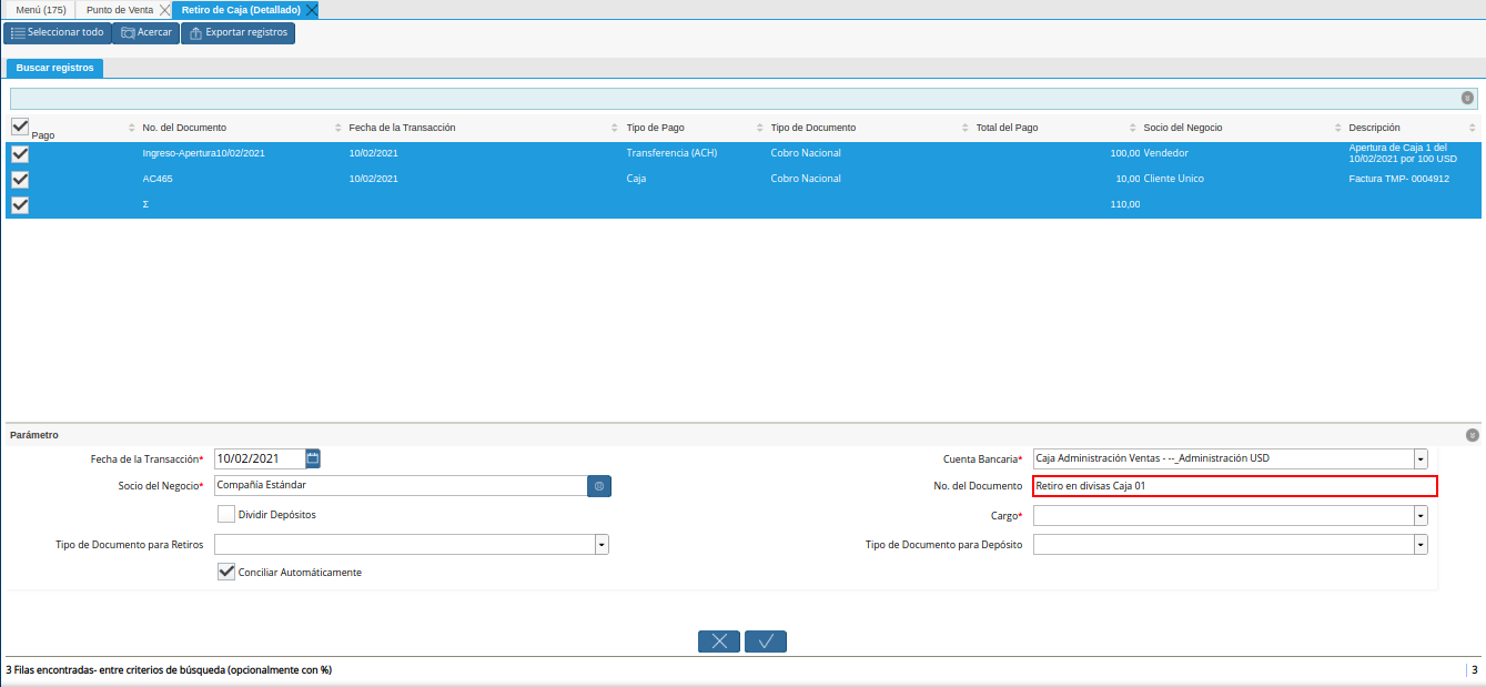 campo número del documento del retiro detallado