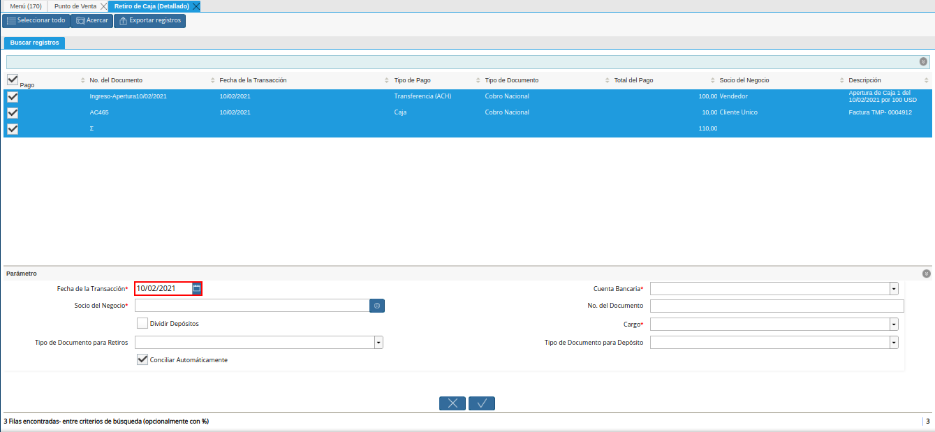 campo fecha de la transacción del retiro detallado