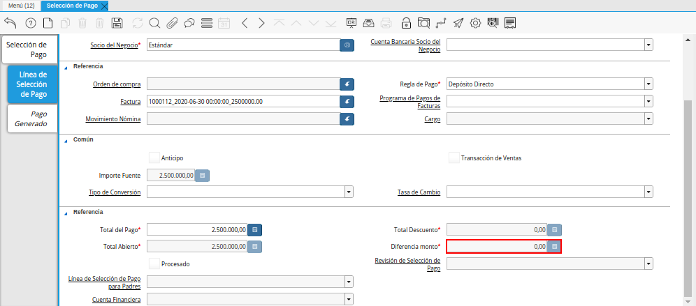 Diferencia Monto del Documento Orden de Pago desde Factura