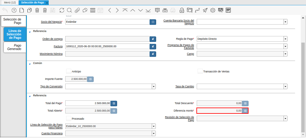 Diferencia Monto del Documento Registro desde Selección de Pago