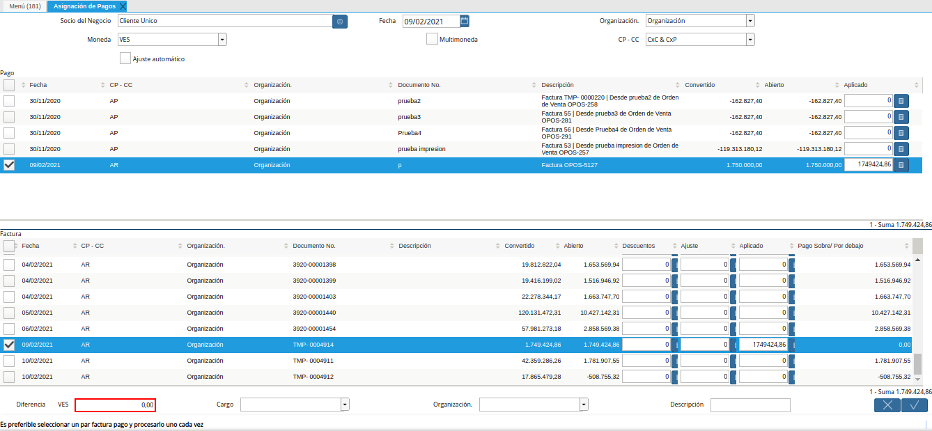 campo diferencia de la ventana asignación de pagos