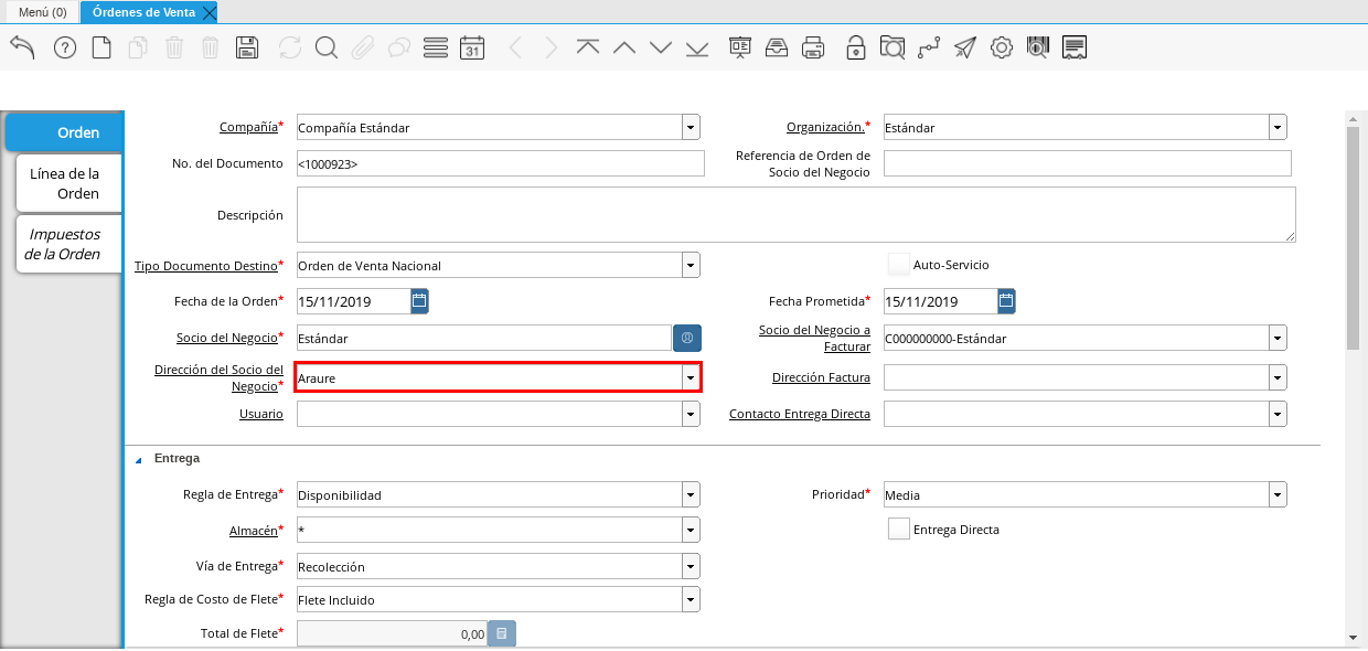 Campo Dirección del Socio del Negocio