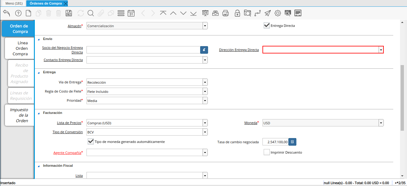 campo dirección entrega directa orden multimoneda
