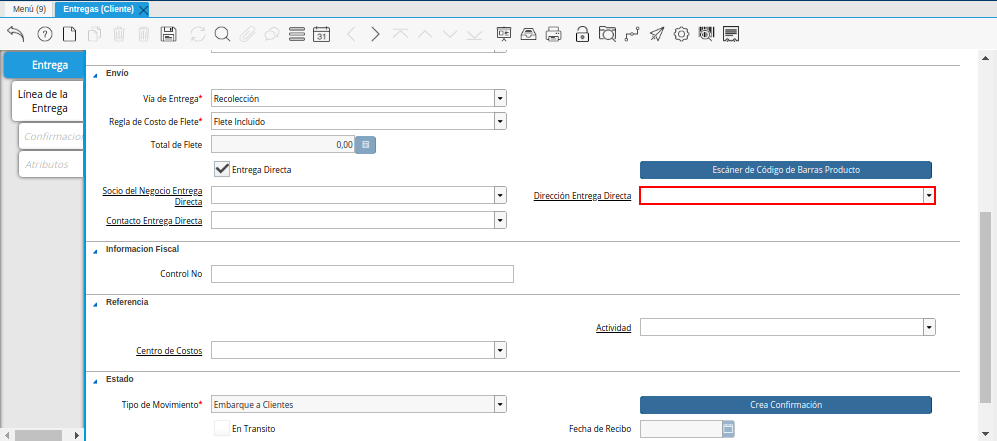 Campo Dirección Entrega Directa de la Ventana Entregas Cliente