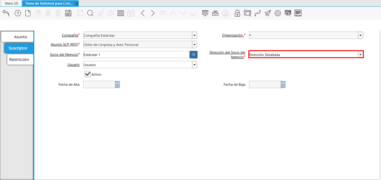 Campo Dirección del Socio del Negocio Proveedor 1