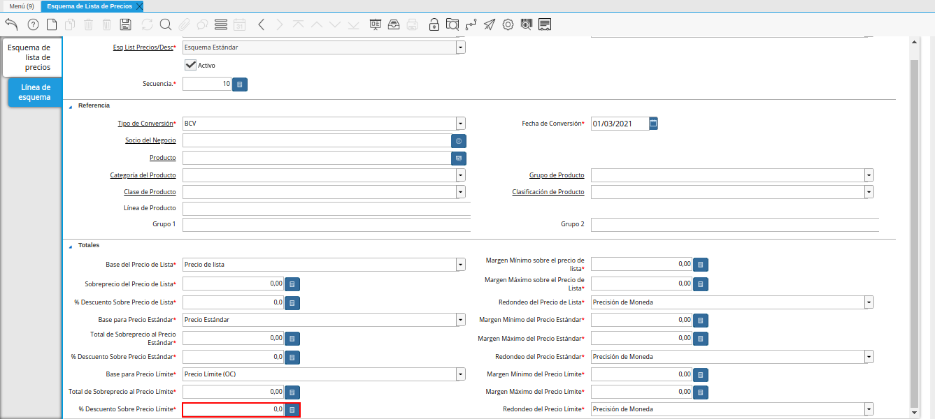 campo porcentaje de descuento sobre precio límite de la pestaña línea de esquema