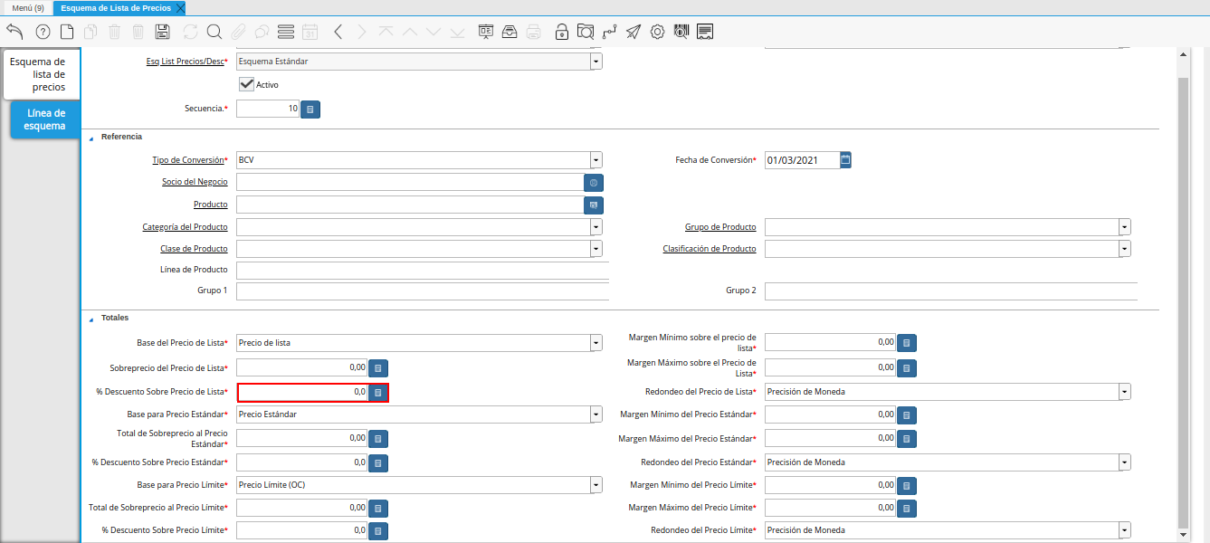 campo porcentaje descuento sobre precio de lista de la pestaña línea de esquema