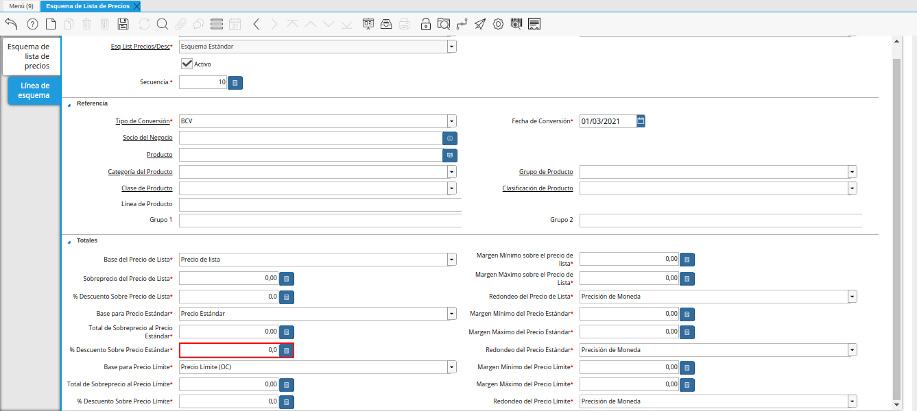 campo porcentaje de descuento sobre precio estándar de la pestaña línea de esquema
