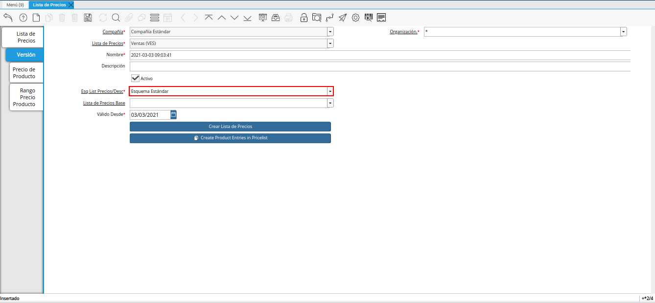 campo esquema de lista de precios descuento para lista de precios desde otra