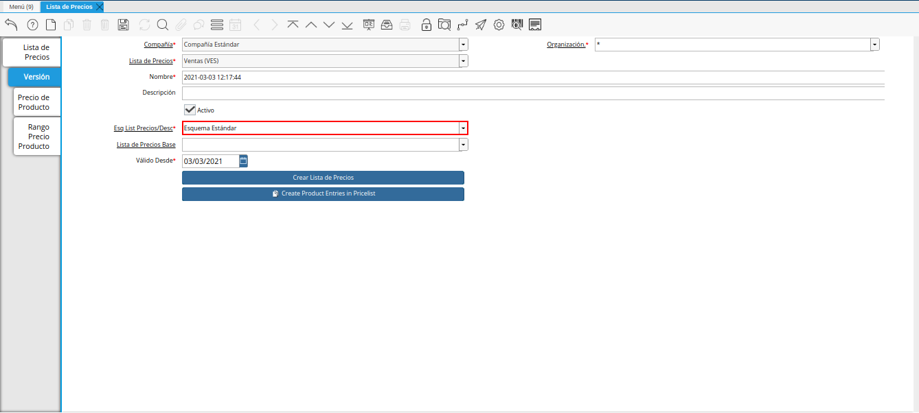campo esquema de lista de precios descuento para lista de precios desde última oc procesada