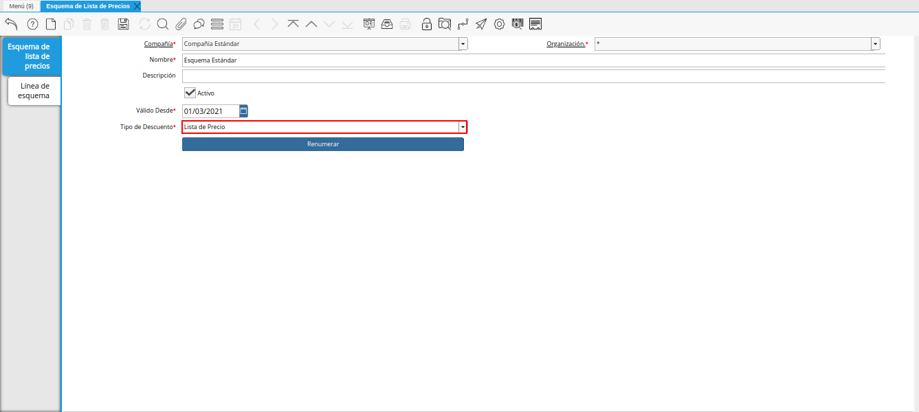 campo tipo de descuento de la ventana esquema de lista de precios