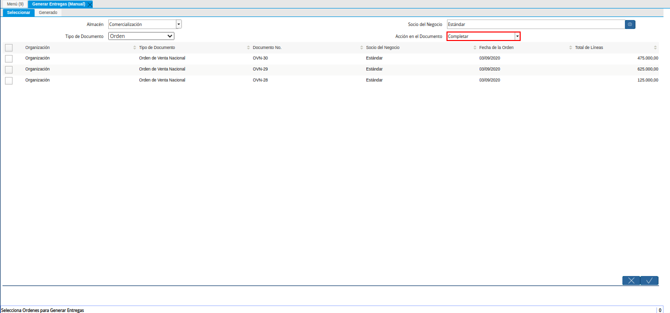 Campo Acción del Documento de la Ventana Generar Entregas Manual